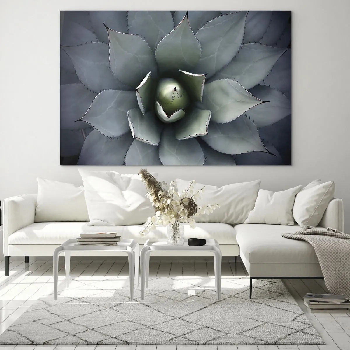 Obraz na szkle - Zbliżenie symetrycznych liści agawy o stalowej barwie - 120x80cm - Wabi i przestrzega - Nowoczesna dekoracja ścienna do salonu, kuchni i sypialni ARTTOR