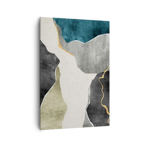 Obraz na płótnie - Geometryczne formy w odcieniach szarości, zieleni i złota - 70x100cm - Mozaikowa kompozycja z nitką złota - Nowoczesna dekoracja ścienna do salonu i sypialni ARTTOR