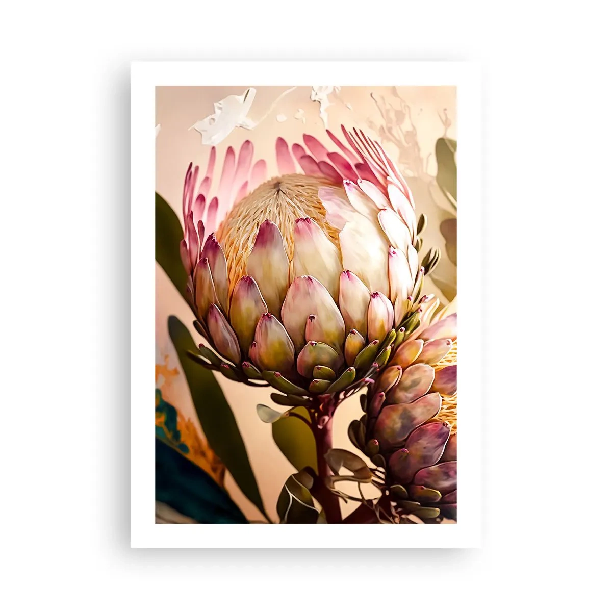 Plakat - Zbliżenie kwiatu protea w ciepłych barwach - 50x70cm - Czule objęte - Nowoczesna dekoracja ścienna do salonu, kuchni i sypialni ARTTOR