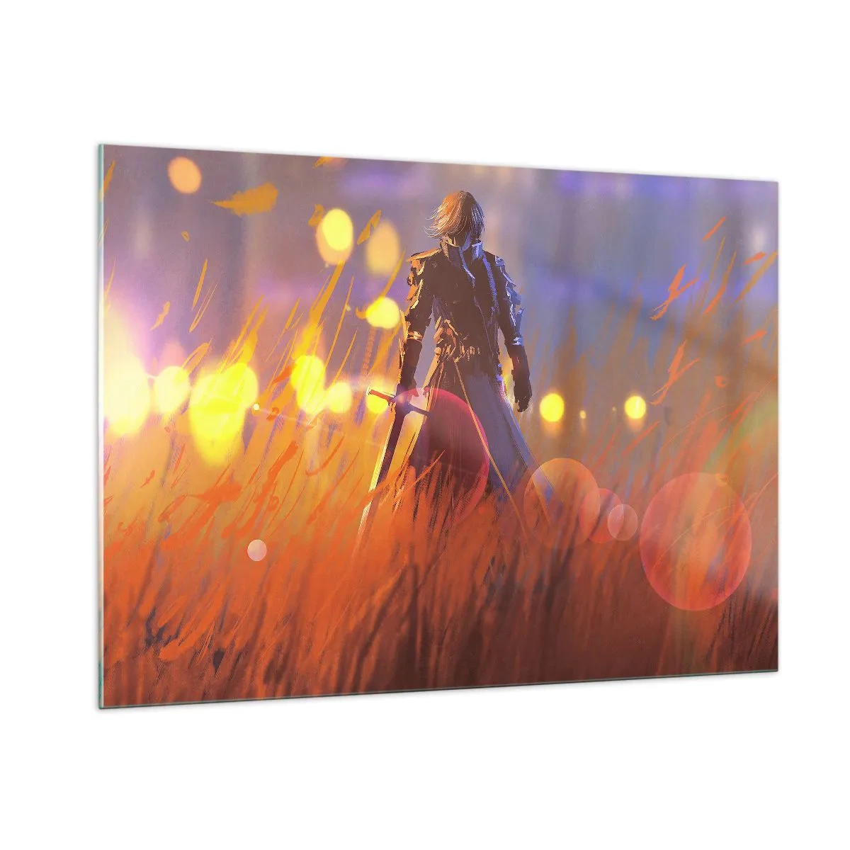 Obraz na szkle - Postać w zbroi wśród pomarańczowych traw z świetlistym tłem - 100x70cm - Błędny rycerz - Nowoczesna dekoracja ścienna do salonu, kuchni i sypialni ARTTOR