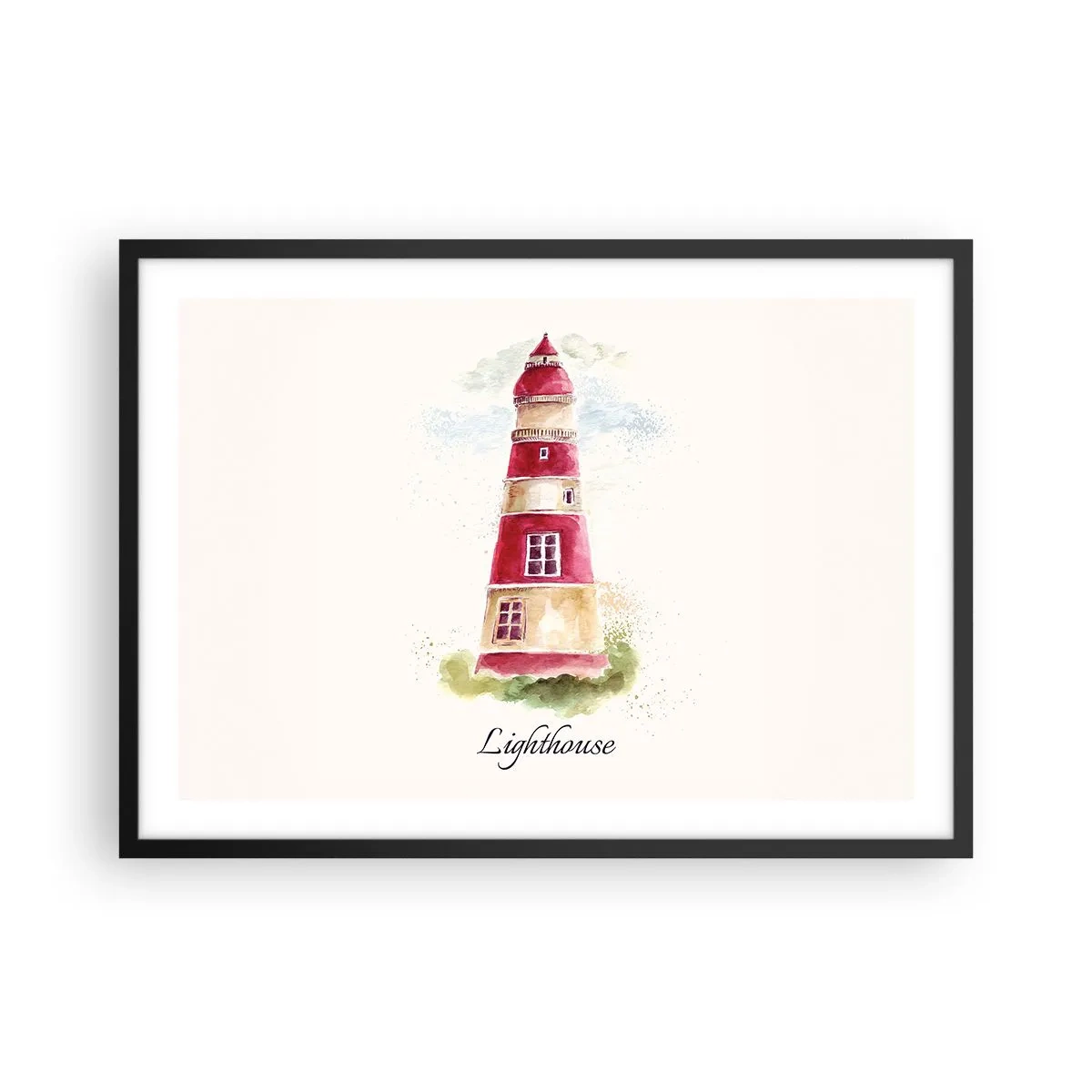 Plakat w czarnej ramie - Akwarelowy obraz latarni morskiej na jasnym tle z napisem - 70x50cm - Wokół zawsze pogoda - Nowoczesna dekoracja ścienna do salonu i sypialni ARTTOR