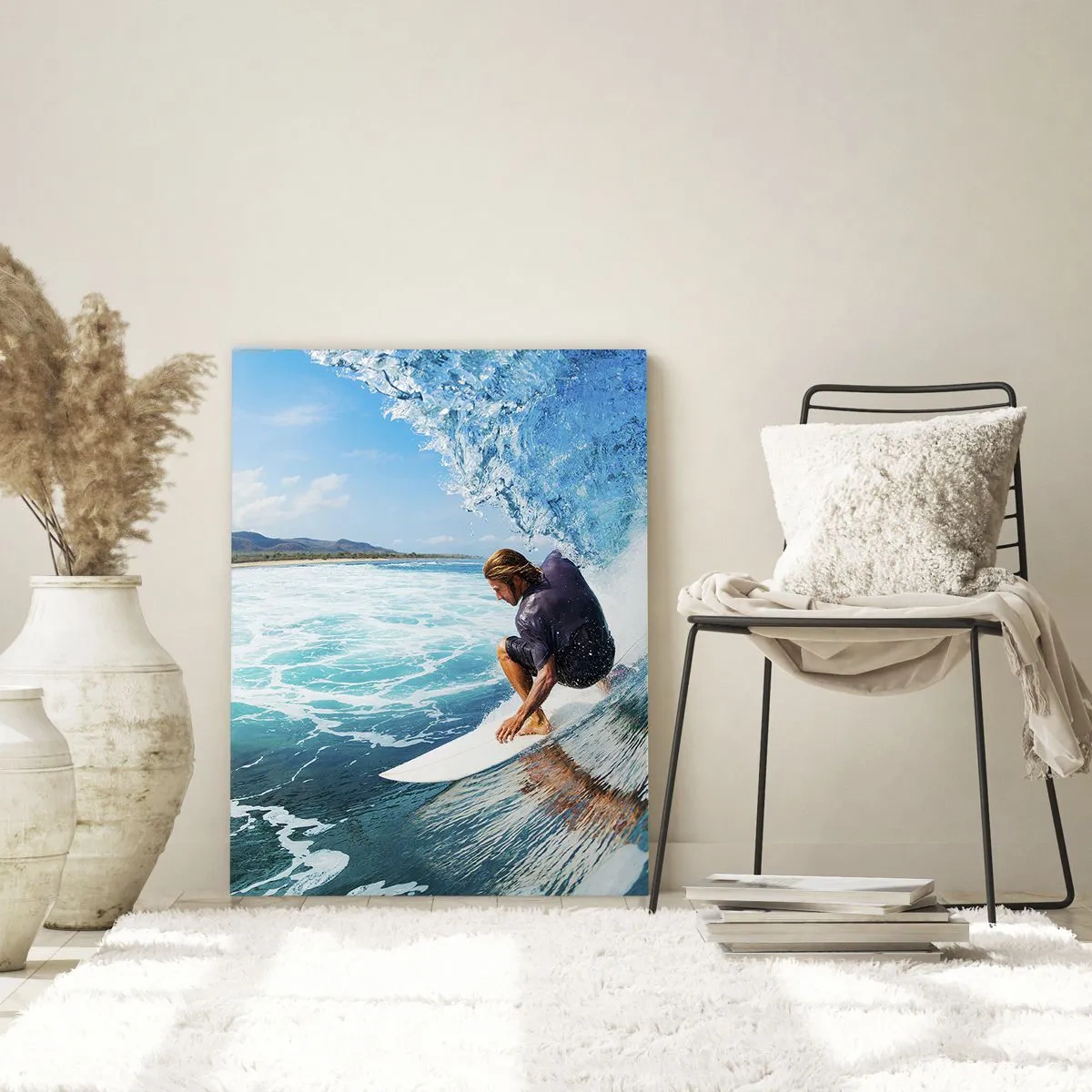 Obraz na szkle - Surfer w tunelu wodnym na tle oceanu - 50x70cm - Tańczący z falami - Nowoczesna dekoracja ścienna do salonu, kuchni i sypialni ARTTOR