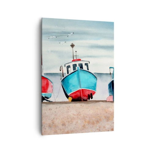 Obraz na płótnie - Kolorowe łodzie rybackie na brzegu w morskiej scenerii - 70x100cm - Gotowe na połów - Nowoczesna dekoracja ścienna do salonu i sypialni ARTTOR
