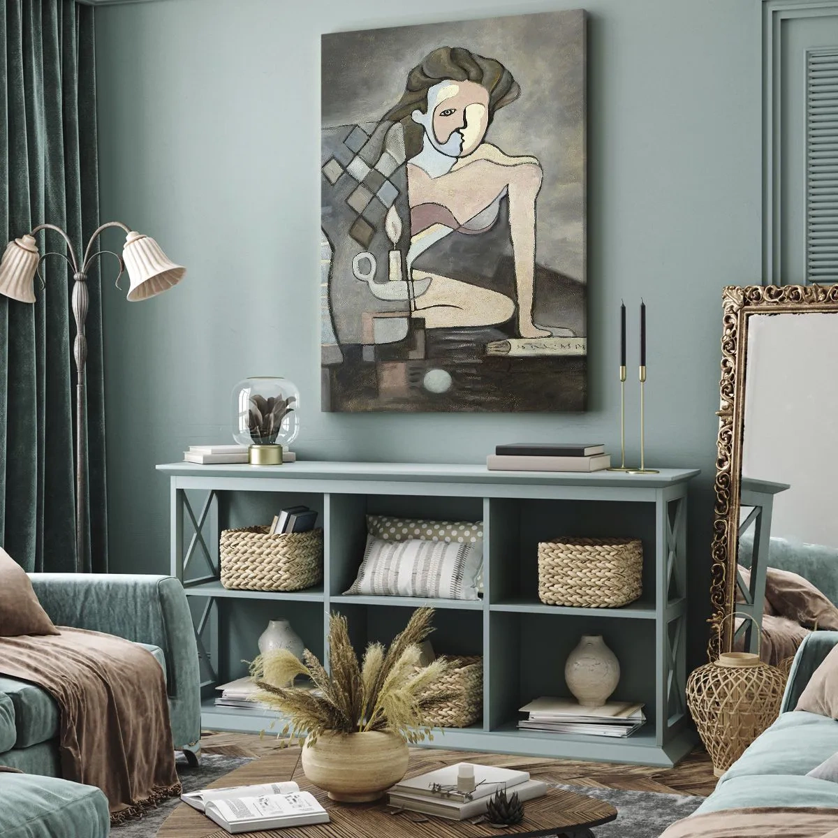 Obraz na płótnie - Abstrakcyjne postacie w symbolicznej kompozycji o głębokiej treści - 80x120cm - Mozaika ducha i materii - Nowoczesna dekoracja ścienna do salonu i sypialni ARTTOR