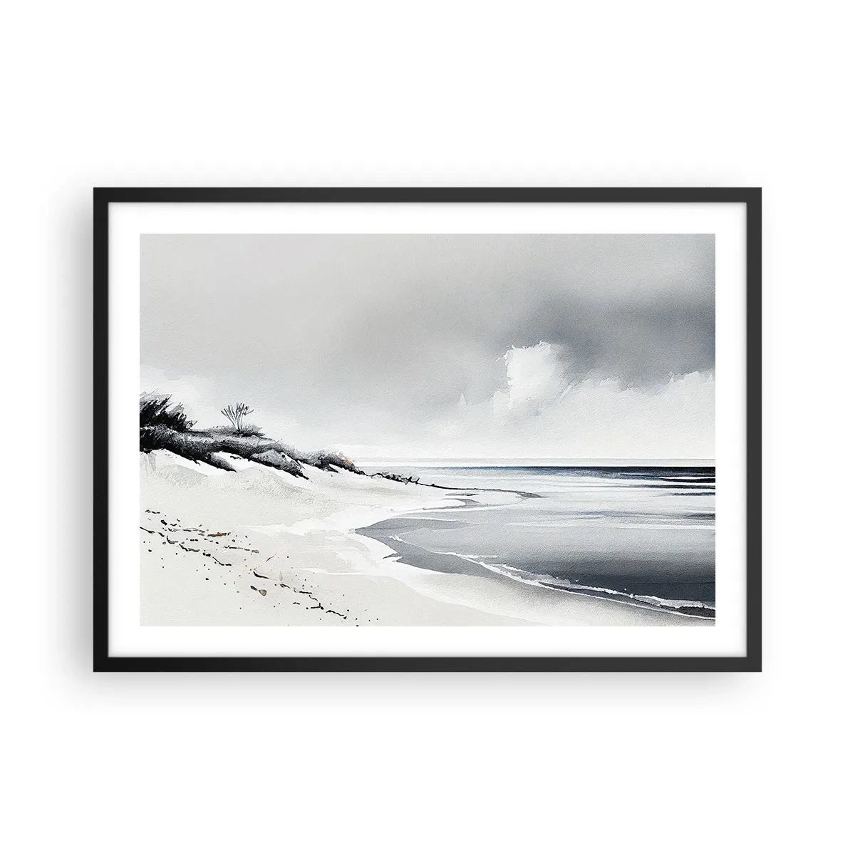 Plakat w czarnej ramie - Plaża w stonowanych odcieniach szarości i błękitu - 70x50cm - Od zawsze razem - Nowoczesna dekoracja ścienna do salonu i sypialni ARTTOR