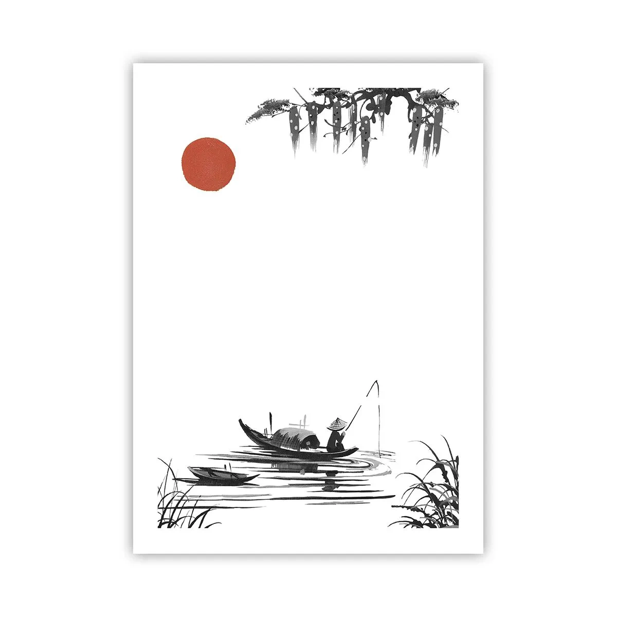 Plakat - Minimalistyczny obraz rybaka w łódce z czerwonym słońcem - 50x70cm - Azjatyckie popołudnie - Nowoczesna dekoracja ścienna do salonu, kuchni i sypialni ARTTOR
