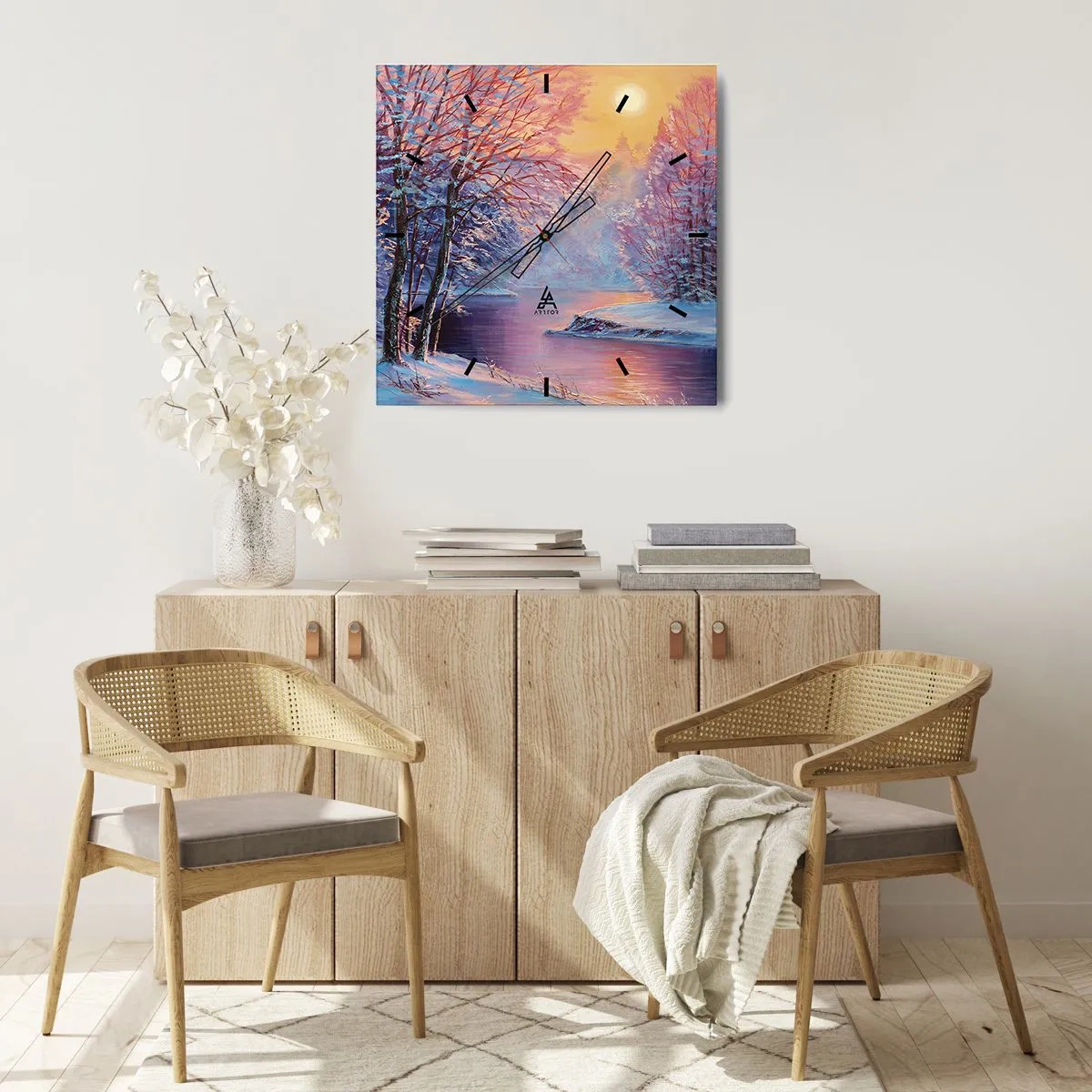 Zegar ścienny - Zimowy krajobraz z rzeką i drzewami o wschodzie słońca - 30x30cm - Barwy zimy - Nowoczesna dekoracja ścienna do salonu i sypialni ARTTOR