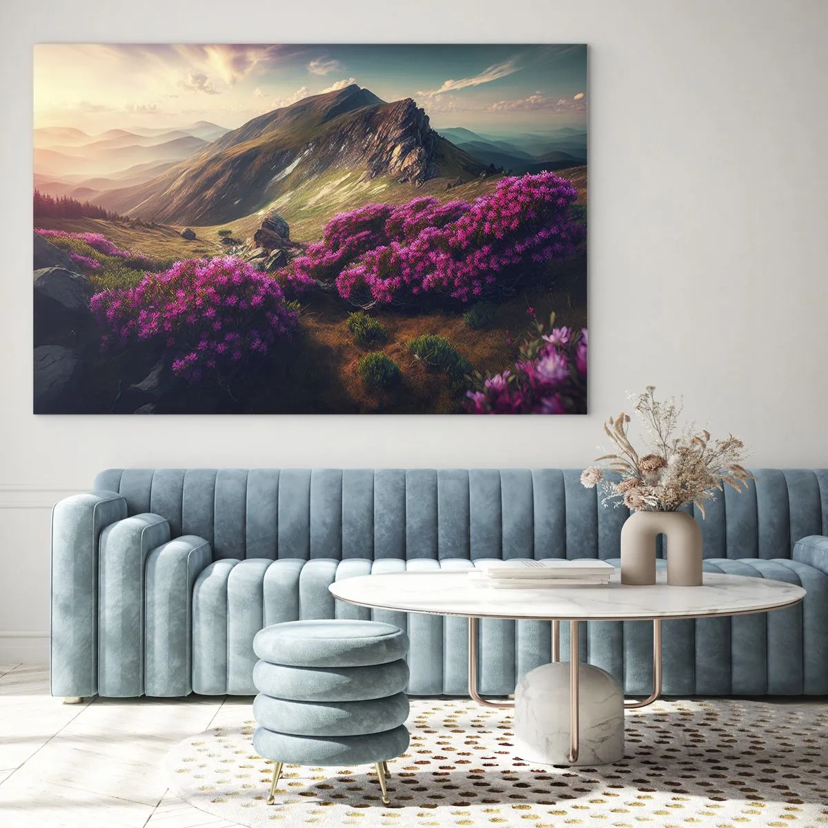 Obraz na szkle - Letni górski krajobraz z kwitnącym różowym wrzosem - 70x50cm - Lato w górach - Nowoczesna dekoracja ścienna do salonu i sypialni ARTTOR