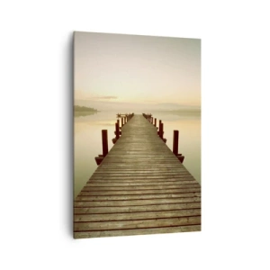 Obraz na płótnie - Drewniany pomost na spokojnym jeziorze o poranku - 70x100cm - Przedświt, świtanie, światło - Nowoczesna dekoracja ścienna do salonu i sypialni ARTTOR