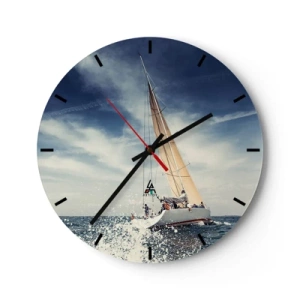 Zegar ścienny - Jacht na wzburzonym morzu pod błękitnym niebem - 30x30cm - Nas nie dogonią! - Nowoczesna dekoracja ścienna do salonu, kuchni i sypialni ARTTOR