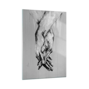 Obraz na szkle - Black and white painting of two hands reaching for each other - 50x70cm - Początek… - Nowoczesna dekoracja ścienna do salonu, kuchni i sypialni ARTTOR