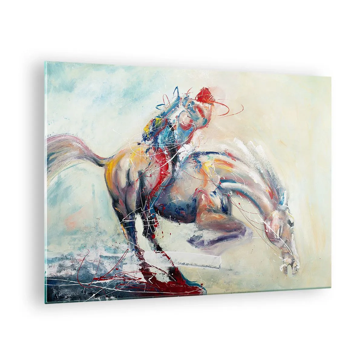 Obraz na szkle - Abstrakcyjny obraz konia w dynamicznym ruchu - 70x50cm - Trzymaj się, lecimy - Nowoczesna dekoracja ścienna do salonu i sypialni ARTTOR
