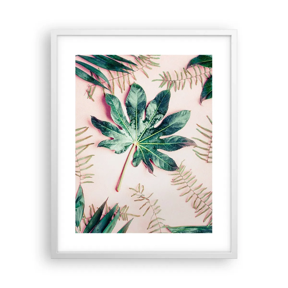 Plakat w białej ramie - Studium zieleni na różowym tle - 40x50 cm