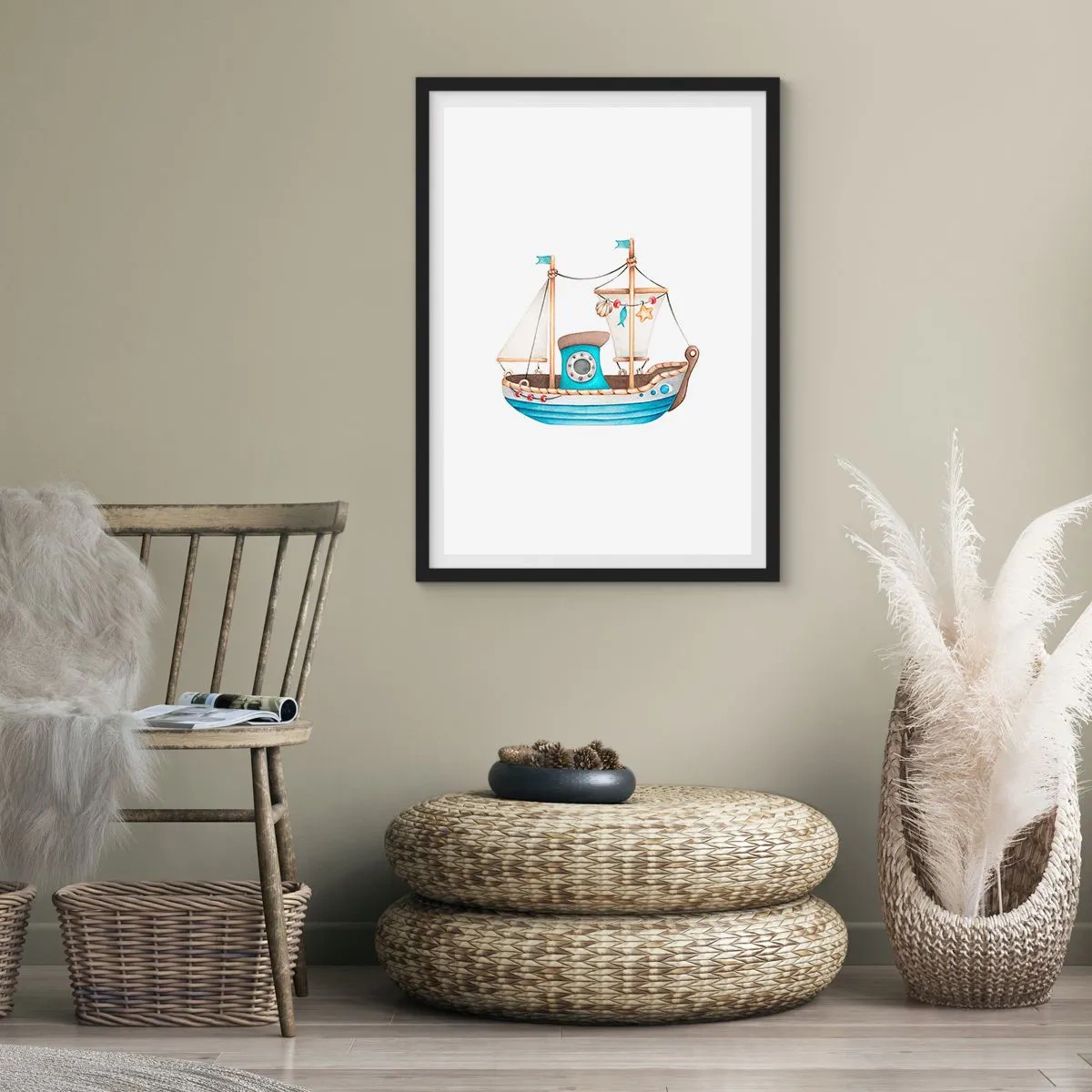 Plakat w czarnej ramie - Akwarelowy statek w pastelowych odcieniach niebieskiego i beżu - 50x70cm - Ahoj, przygodo! - Nowoczesna dekoracja ścienna do salonu i sypialni ARTTOR