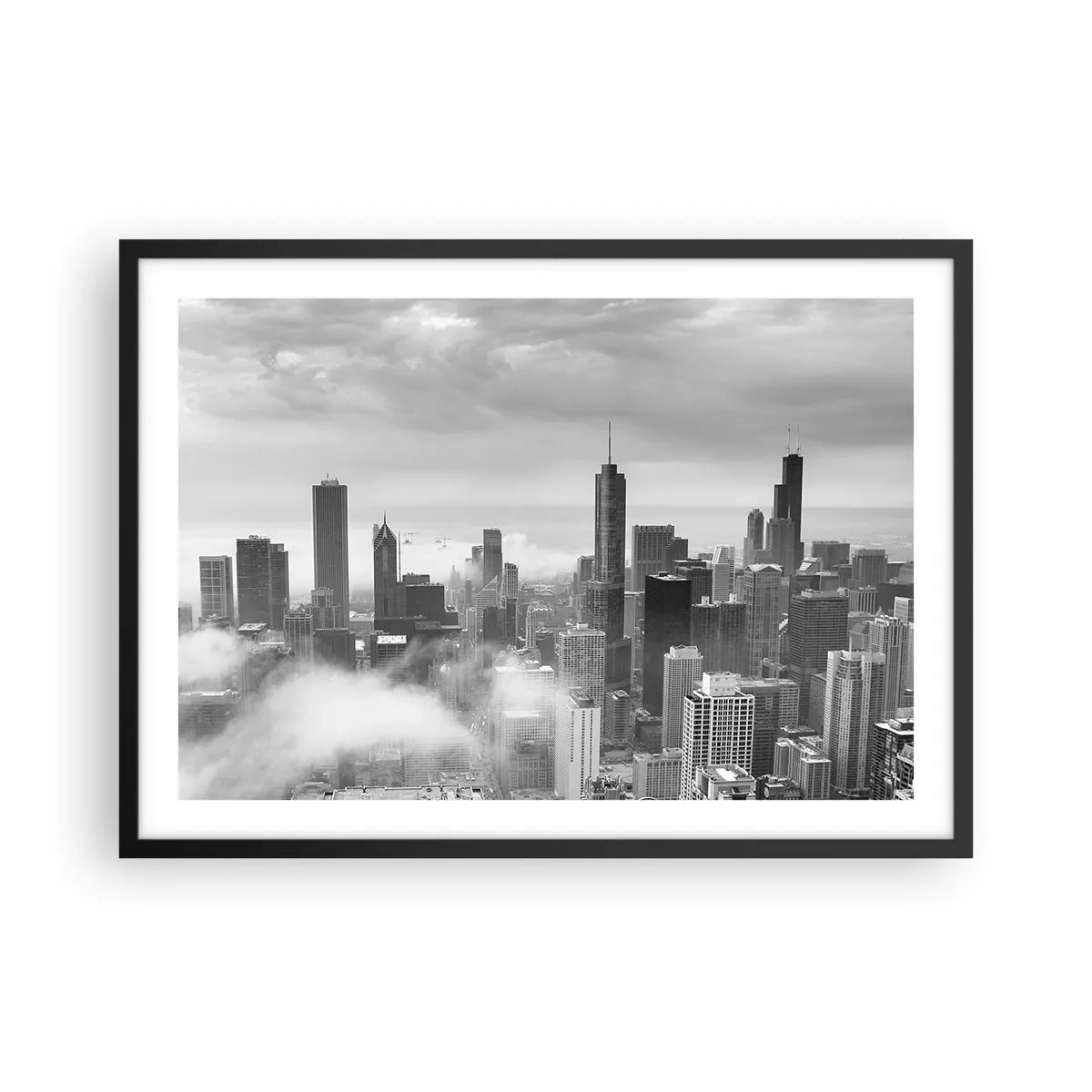 Plakat w czarnej ramie - Panorama miasta z wieżowcami w chmurach w czerni i bieli - 70x50cm - Pejzaż amerykański - Nowoczesna dekoracja ścienna do salonu i sypialni ARTTOR