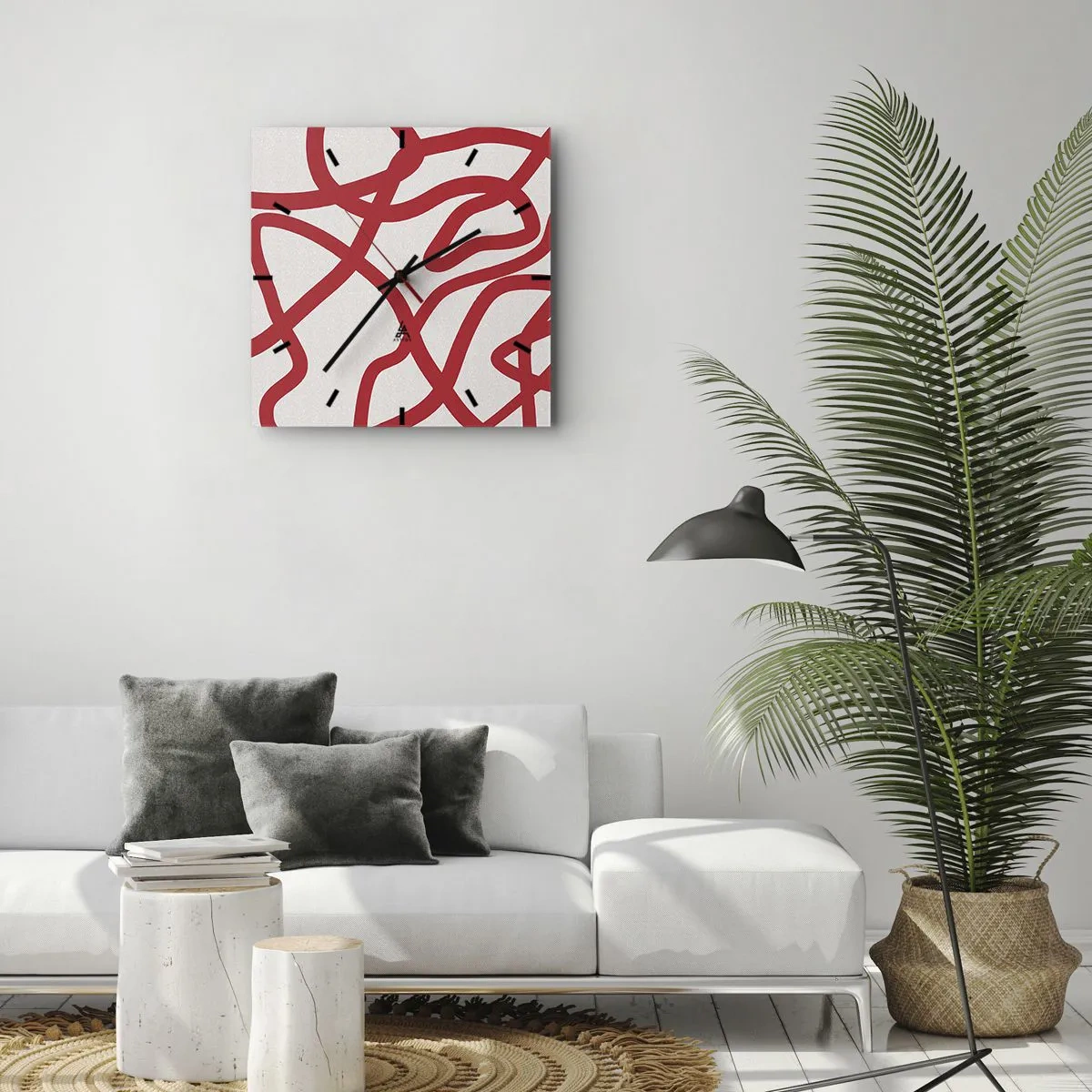 Zegar ścienny - Czerwone abstrakcyjne linie na białym tle - 30x30cm - Czerwono na białym - Nowoczesna dekoracja ścienna do salonu i sypialni ARTTOR