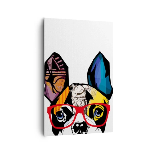 Obraz na płótnie - Bulldog w kolorowej ilustracji z czerwonymi okularami - 80x120cm - Intelektualista - Nowoczesna dekoracja ścienna do salonu i sypialni ARTTOR