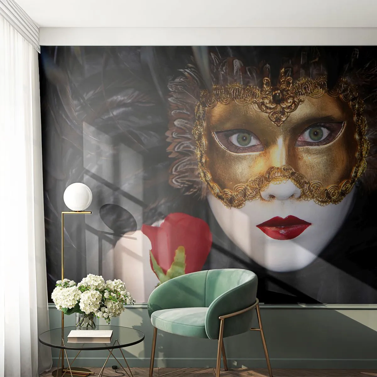 Fototapeta Premium Sand - Złota maska karnawałowa z czerwoną różą - 100x70cm - Bo życie to wielki bal - Nowoczesna dekoracja ścienna do salonu, kuchni i sypialni ARTTOR