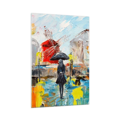 Obraz na szkle - Malownicza scena z parasolem na tle Paryża w żywych kolorach - 70x100cm - Paryskie legendy - Nowoczesna dekoracja ścienna do salonu i sypialni ARTTOR