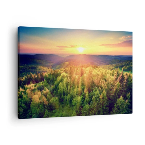 Obraz na płótnie - Leśny krajobraz z zachodem słońca nad wzgórzami - 70x50cm - Wierzchołki i szczyty - Nowoczesna dekoracja ścienna do salonu i sypialni ARTTOR