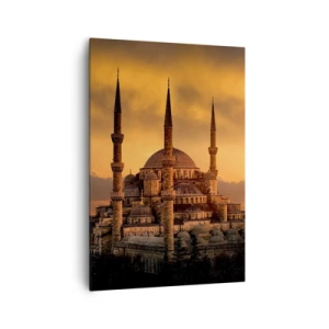 Obraz na płótnie - Meczet o zachodzie słońca w ciepłych barwach - 70x100cm - Bóg jest wielki - Nowoczesna dekoracja ścienna do salonu i sypialni ARTTOR