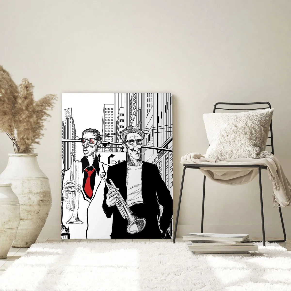 Obraz na szkle - Jazzowy zespół uliczny w nowoczesnym stylu graficznym - 50x70cm - Miejska rapsodia w czerni i czerwieni - Nowoczesna dekoracja ścienna do salonu, kuchni i sypialni ARTTOR