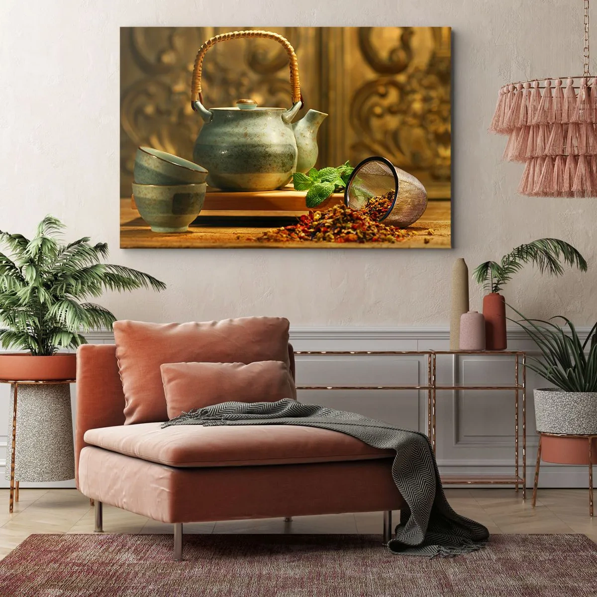 Obraz na płótnie - Ceramiczny dzbanek z filiżankami i suszem herbacianym - 120x80cm - Traktat o piciu herbaty - Nowoczesna dekoracja ścienna do salonu, kuchni i sypialni ARTTOR