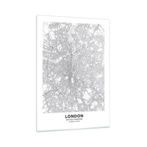 Obraz na szkle - Czarno-biała mapa z gęstą siatką ulic w stylu minimalistycznym - 50x70cm - Mapa londyńskiego labiryntu - Nowoczesna dekoracja ścienna do salonu, kuchni i sypialni ARTTOR