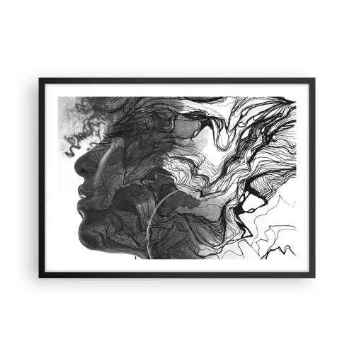 Plakat w czarnej ramie - Abstrakcyjna twarz w czerni i bieli z dynamicznymi liniami - 70x50cm - Zaplątana w marzeniach - Nowoczesna dekoracja ścienna do salonu i sypialni ARTTOR