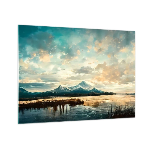 Obraz na szkle - Zimowy krajobraz z górami i zamarzniętym jeziorem - 70x50cm - Pod opieką nieba - Nowoczesna dekoracja ścienna do salonu i sypialni ARTTOR