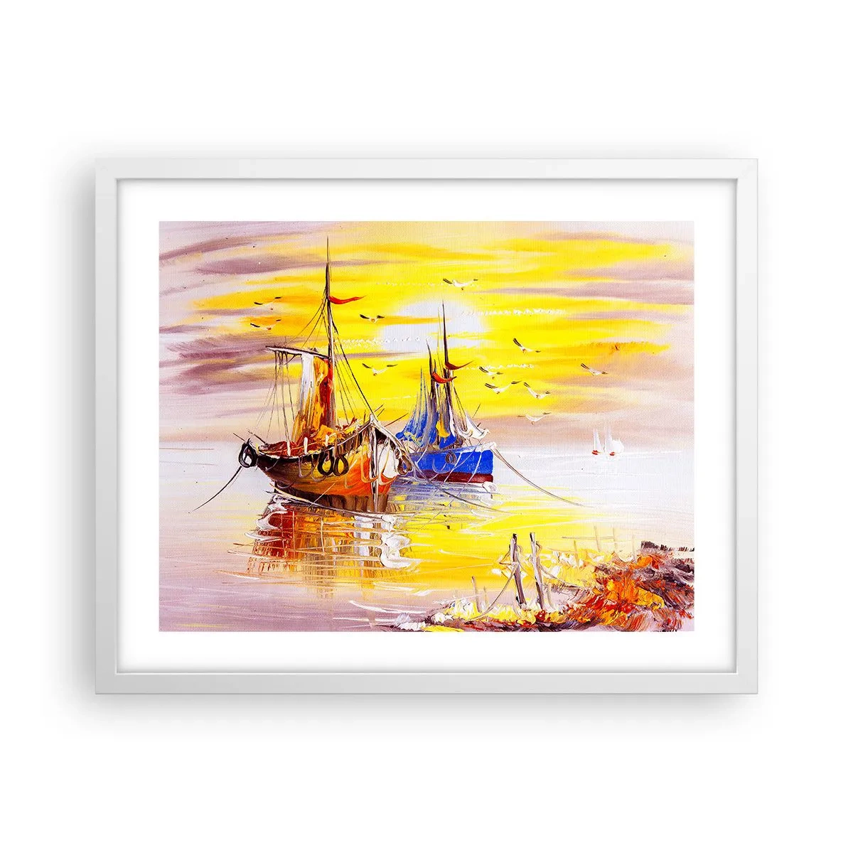 Plakat w białej ramie - Zasłużony odpoczynek w porcie - 50x40 cm