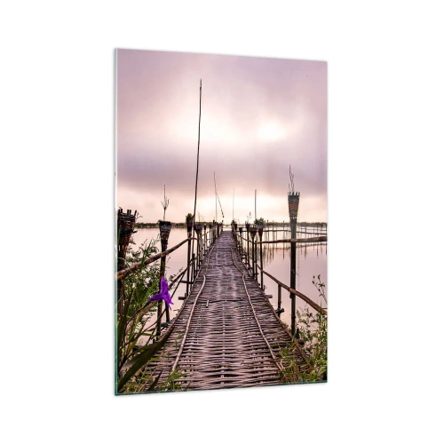 Obraz na szkle - Bambusowy most na wodzie o świcie - 70x100cm - Spokój i cisza Azji - Nowoczesna dekoracja ścienna do salonu i sypialni ARTTOR
