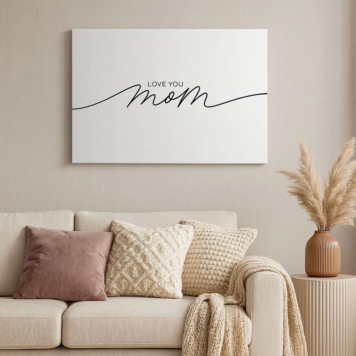 Obraz na płótnie - Minimalistyczny napis Love You Mom na białym tle - 70x50cm - Wielkie wzruszenie - Nowoczesna dekoracja ścienna do salonu i sypialni ARTTOR