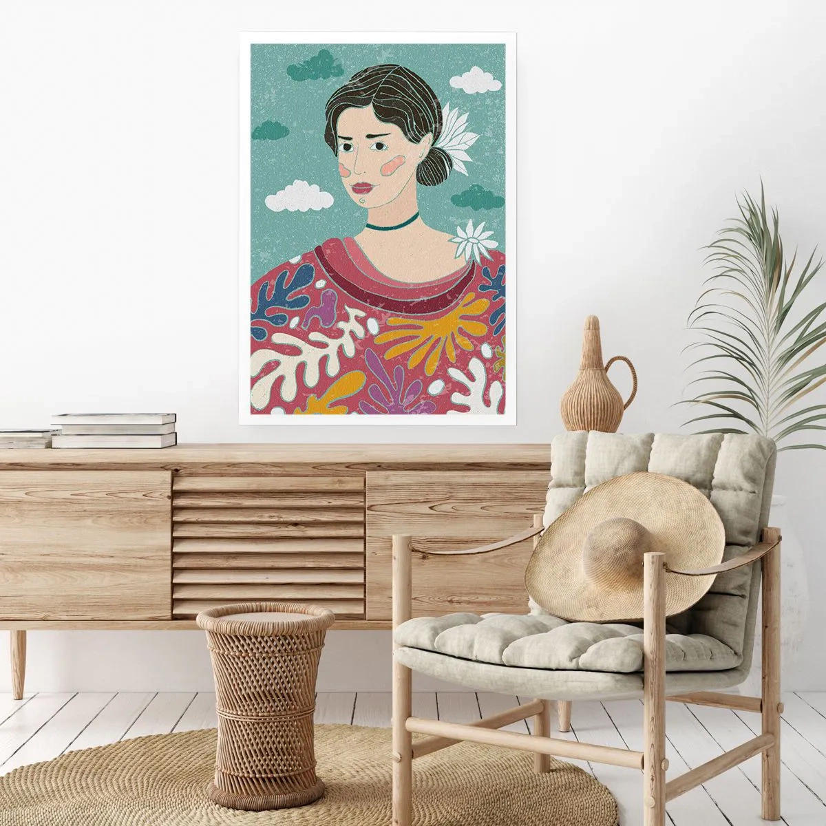 Plakat - Portret kobiety w kolorowej stylizowanej sukni na tle chmur - 50x70cm - Z melancholią w spojrzeniu - Nowoczesna dekoracja ścienna do salonu, kuchni i sypialni ARTTOR