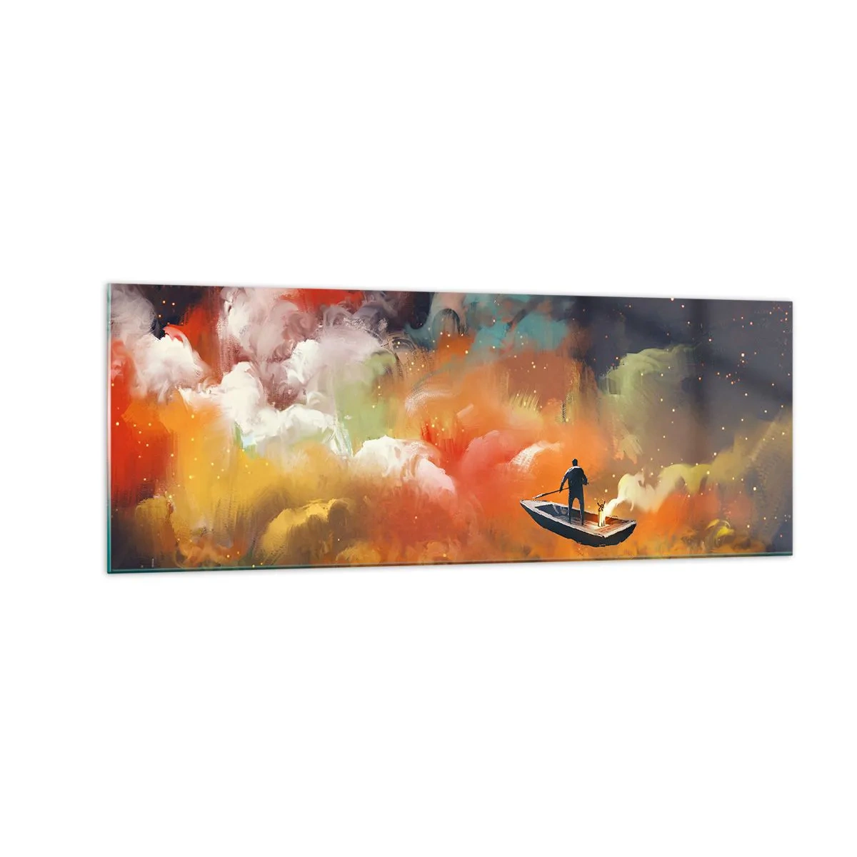 Obraz na szkle - Postać w łodzi na tle kolorowych chmur - 140x50cm - Łodzią przez galaktykę - Nowoczesna dekoracja ścienna do salonu i sypialni ARTTOR