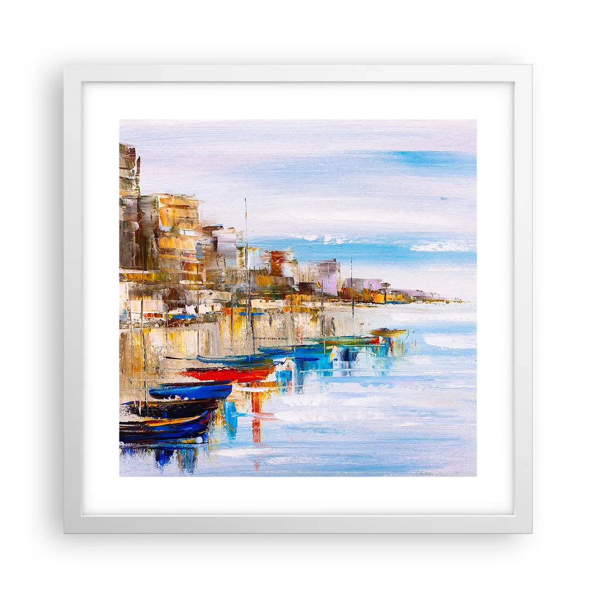 Plakat w białej ramie - Wielobarwna miejska przystań - 40x40 cm