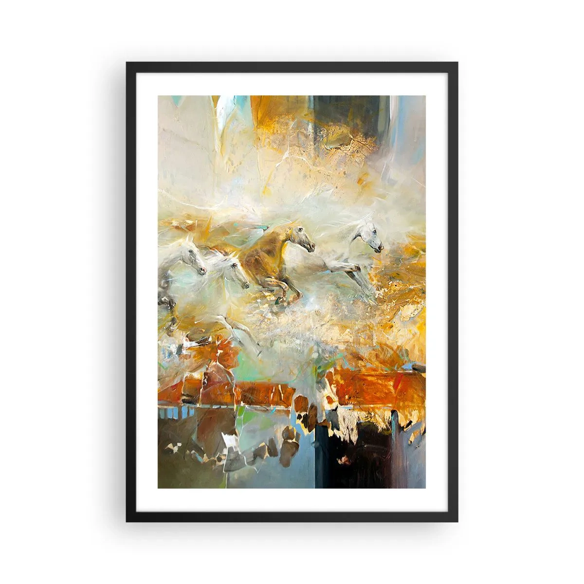 Plakat w czarnej ramie - Galopujące konie w abstrakcyjnej scenerii - 50x70cm - Galopem przez światło - Nowoczesna dekoracja ścienna do salonu i sypialni ARTTOR