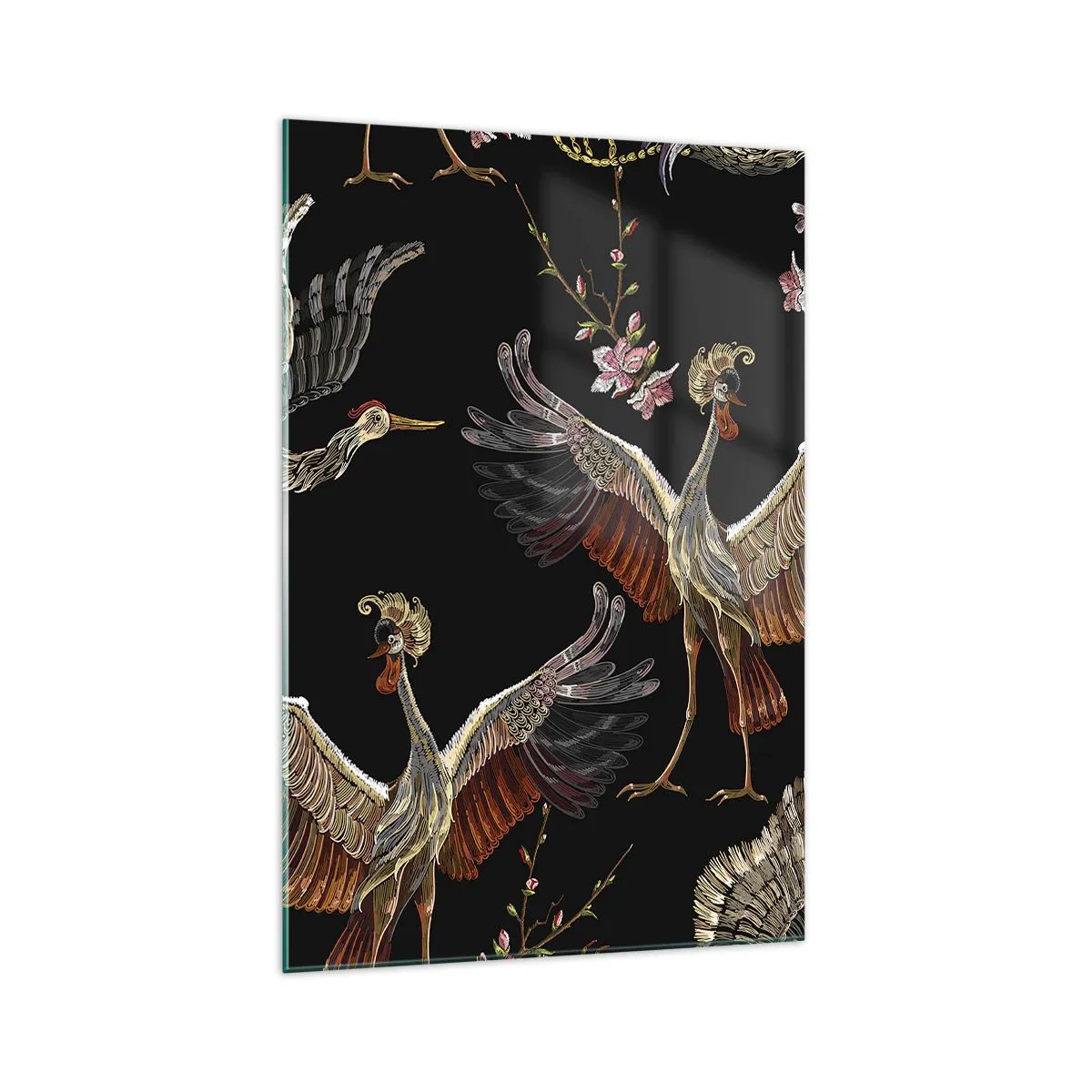 Obraz na szkle - Stylowe żurawie i kwiaty na czarnym tle - 70x100cm - Baśniowy ptak - Nowoczesna dekoracja ścienna do salonu i sypialni ARTTOR