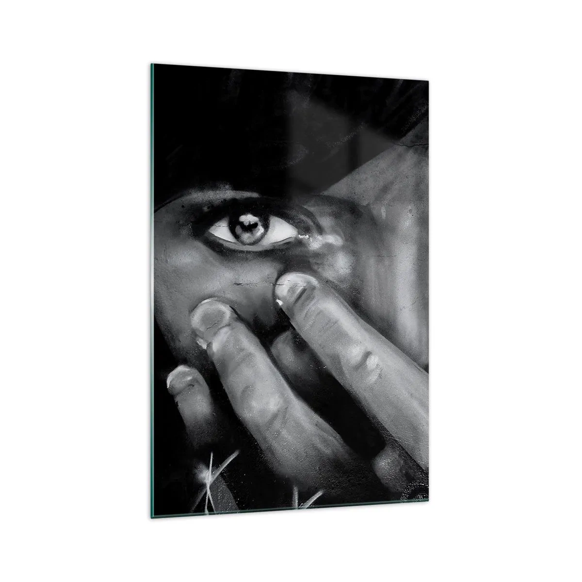 Obraz na szkle - Czarno-biały portret kobiety zakrywającej twarz dłońmi - 70x100cm - Nie powiem, kto namalował - Nowoczesna dekoracja ścienna do salonu i sypialni ARTTOR