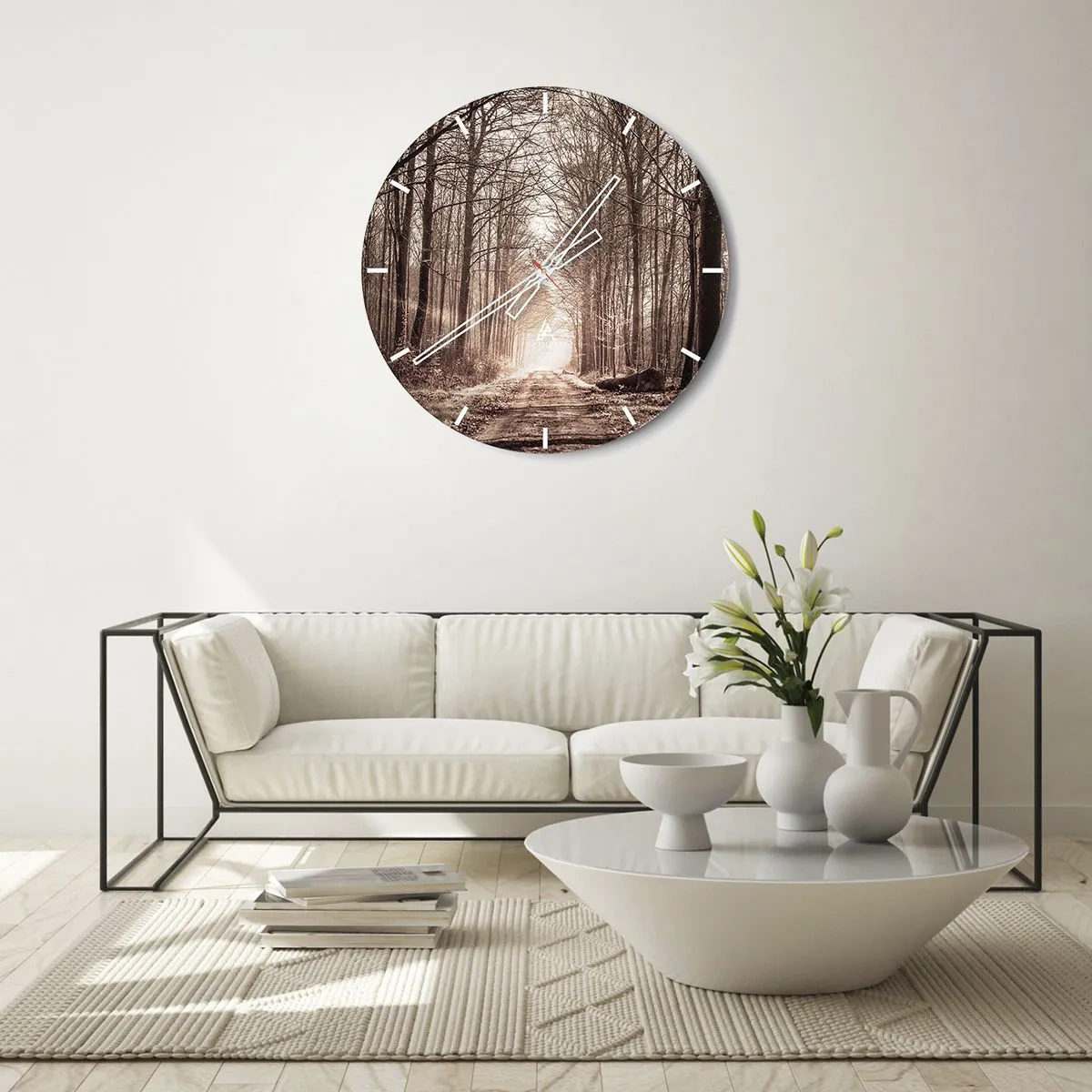 Zegar ścienny - Aleja drzew w jesiennej scenerii z perspektywą w głąb - 30x30cm - Leśna katedra - Nowoczesna dekoracja ścienna do salonu, kuchni i sypialni ARTTOR