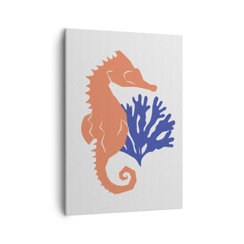 Obraz na płótnie - Minimalistyczna ilustracja konika morskiego z koralowcem na jasnym tle - 50x70cm - Na podwodnej łące - Nowoczesna dekoracja ścienna do salonu, kuchni i sypialni ARTTOR