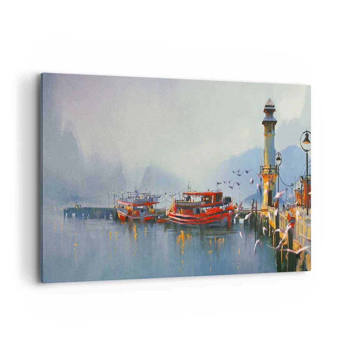 Obraz na płótnie - Port z czerwonymi łodziami otoczony mglistym pejzażem - 120x80cm - Na końcu świata - Nowoczesna dekoracja ścienna do salonu, kuchni i sypialni ARTTOR