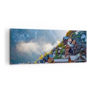Obraz na płótnie - Górska wioska nad jeziorem w jesiennej scenerii - 120x50cm - Alpejskie klimaty - Nowoczesna dekoracja ścienna do salonu i sypialni ARTTOR