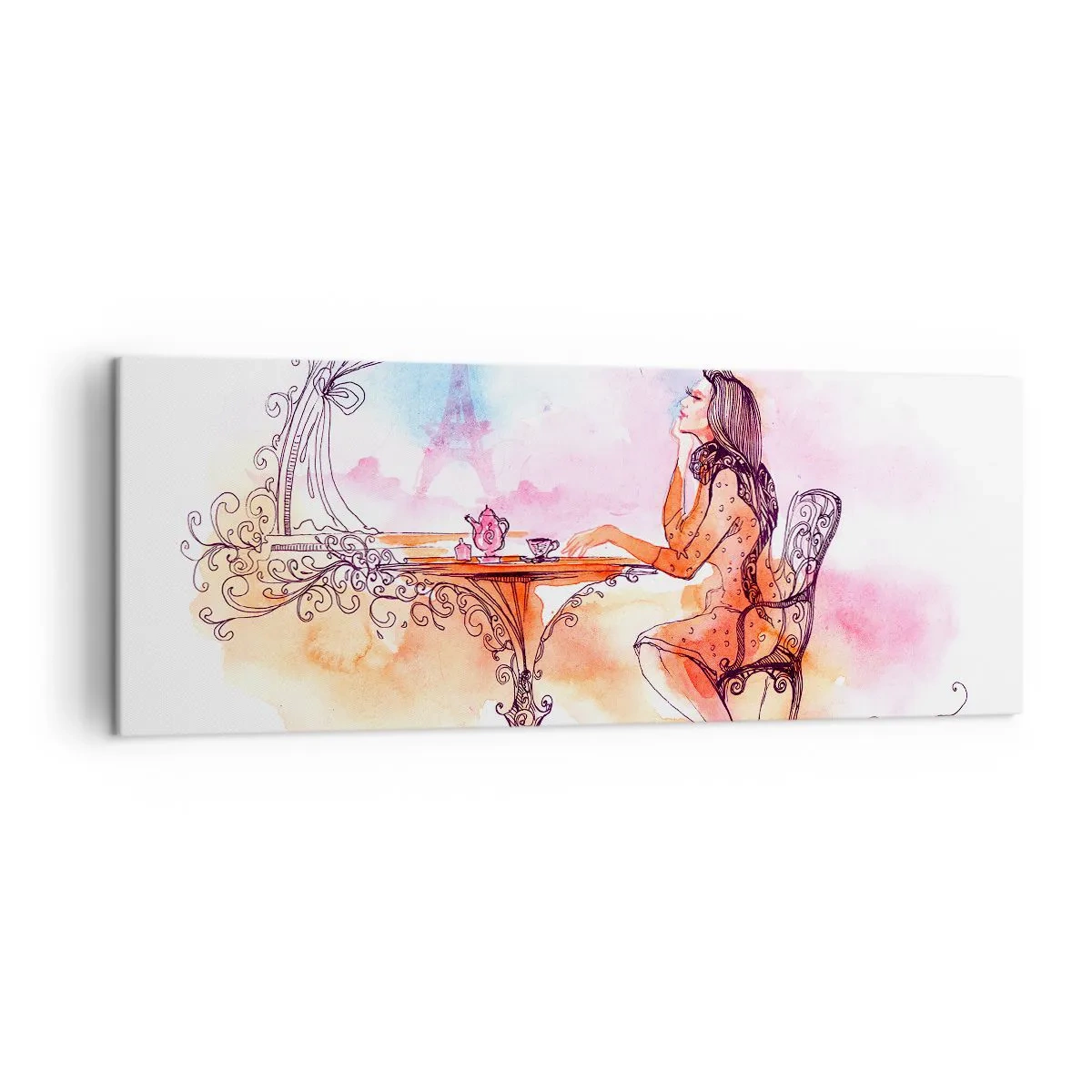 Obraz na płótnie - Romantyczna akwarela kobiety w kawiarni z widokiem na wieżę - 140x50cm - Paryski szyk - Nowoczesna dekoracja ścienna do salonu i sypialni ARTTOR