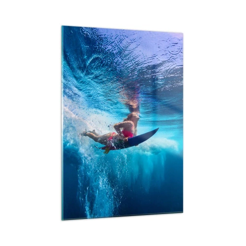Obraz na szkle - Podwodna scena z surferką w dynamicznej akcji - 50x70cm - Głębia radości - Nowoczesna dekoracja ścienna do salonu, kuchni i sypialni ARTTOR