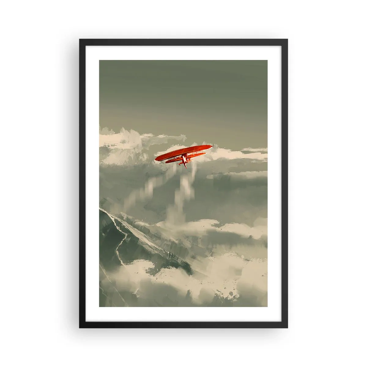 Plakat w czarnej ramie - Czerwony dwupłatowiec w przestworzach - 50x70cm - Nieustraszony pionier - Nowoczesna dekoracja ścienna do salonu i sypialni ARTTOR