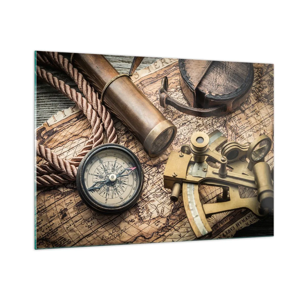 Obraz na szkle - Kompas, mapa i przyrządy nawigacyjne w stylu retro - 100x70cm - Wyznacz kurs - Nowoczesna dekoracja ścienna do salonu, kuchni i sypialni ARTTOR