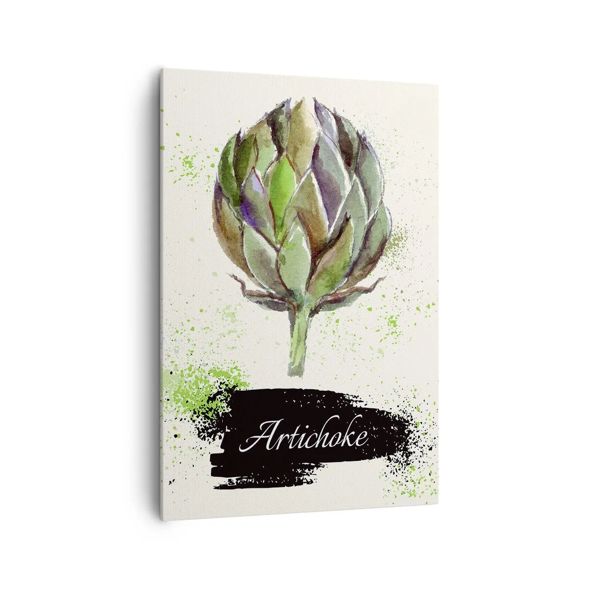 Obraz na płótnie - Akwarelowy karczoch z napisem na jasnym tle z zielonymi akcentami - 70x100cm - Eviva warzywa! - Nowoczesna dekoracja ścienna do salonu i sypialni ARTTOR