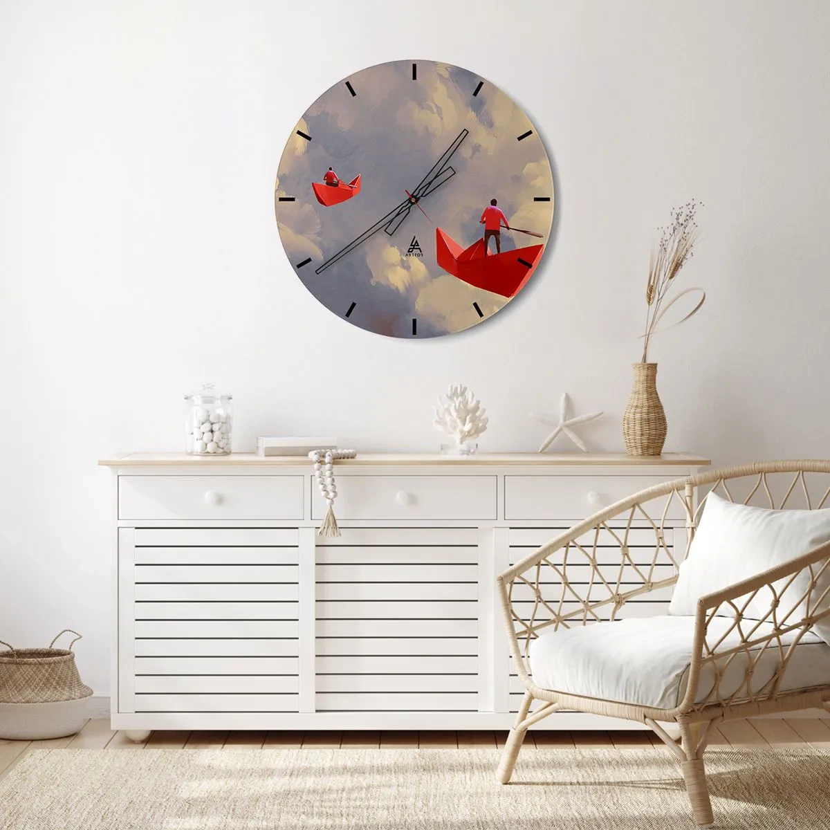 Zegar ścienny - Dwie czerwone łodzie na tle pochmurnego nieba - 30x30cm - Wyprawa marzycieli - Nowoczesna dekoracja ścienna do salonu, kuchni i sypialni ARTTOR
