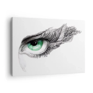 Obraz na płótnie - Artystyczne oko z zieloną tęczówką i detalami rysunku - 70x50cm - Piękna i gotowa do ataku - Nowoczesna dekoracja ścienna do salonu i sypialni ARTTOR